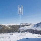 Five-blade H12 vertical axis wind turbine on a guyed mast in snow-covered hill country - representative family photo