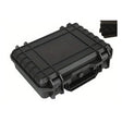 Black ribbed hard case, 250 x 200 x 76 mm size, closed with its carry handle at the front, foam insert shown top right