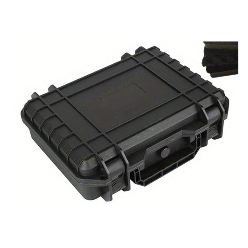 Black ribbed hard case, 250 x 200 x 76 mm size, closed with its carry handle at the front, foam insert shown top right