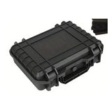Black ribbed hard case, 250 x 200 x 76 mm size, closed with its carry handle at the front, foam insert shown top right