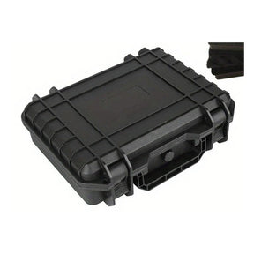 Black ribbed hard case, 250 x 200 x 76 mm size, closed with its carry handle at the front, foam insert shown top right