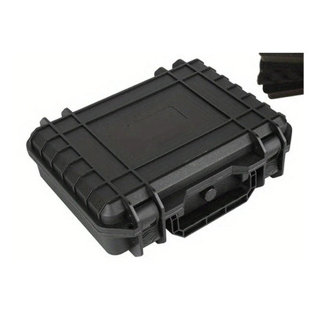 Black ribbed hard case, 250 x 200 x 76 mm size, closed with its carry handle at the front, foam insert shown top right