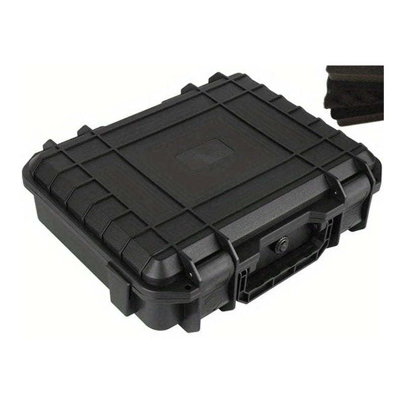 Black ribbed hard case, 340 x 270 x 100 mm size, closed with its carry handle at the front, foam insert shown top right