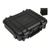 Black ribbed hard case, 340 x 270 x 100 mm size, closed with its carry handle at the front, foam insert shown top right