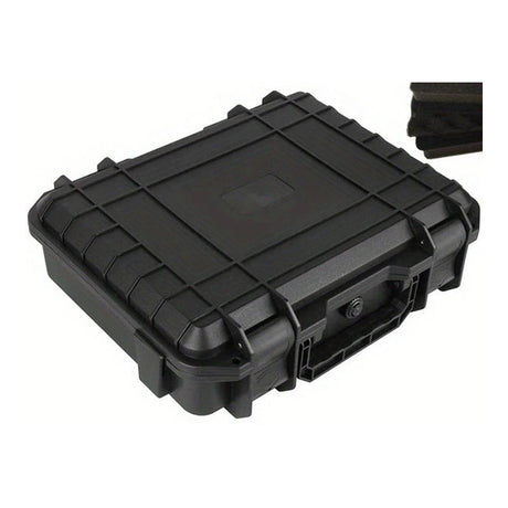 Black ribbed hard case, 340 x 270 x 100 mm size, closed with its carry handle at the front, foam insert shown top right
