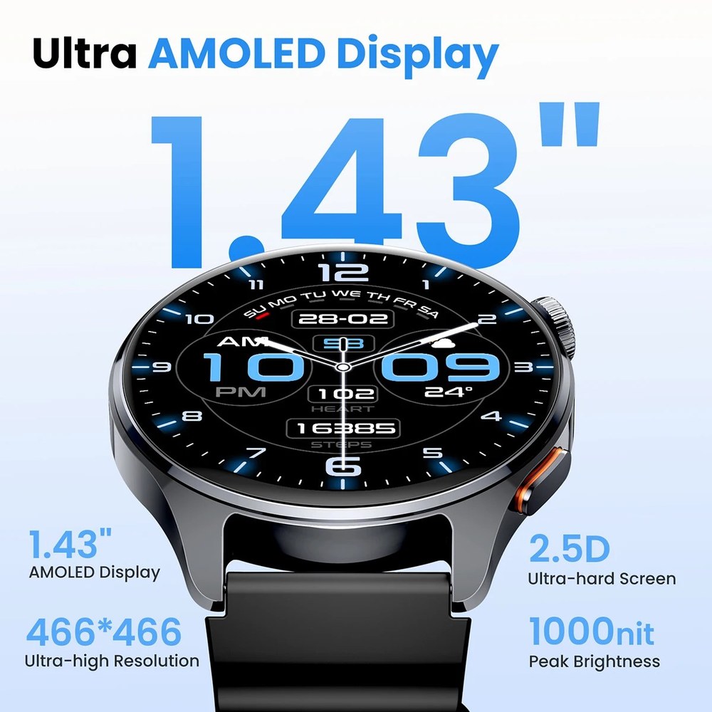 Close-up of the HAYLOU Watch 4S 1.43 in AMOLED screen, 466 x 466, 2.5D glass, 1000 nit peak