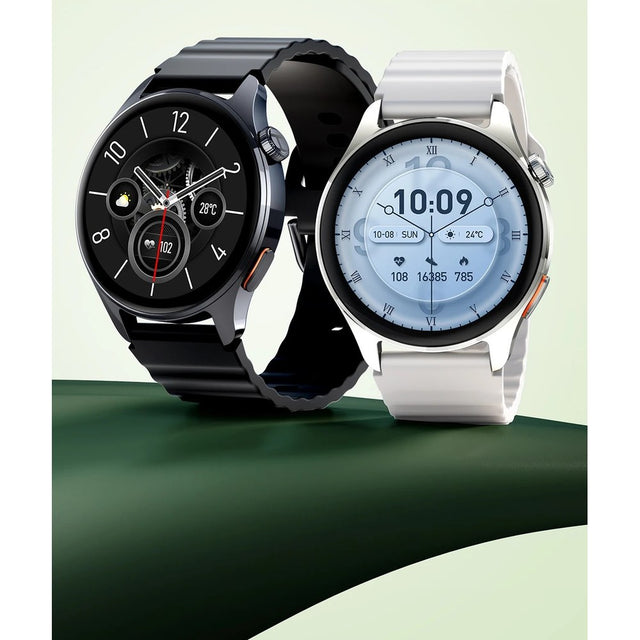 HAYLOU Watch 4S smartwatch in black and in silver with a light strap, side by side