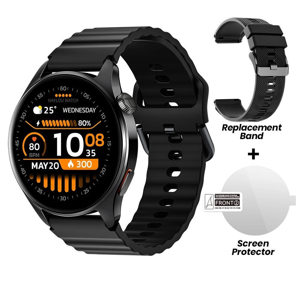 HAYLOU Watch 4S in black with the spare black strap and screen protector that come in the box