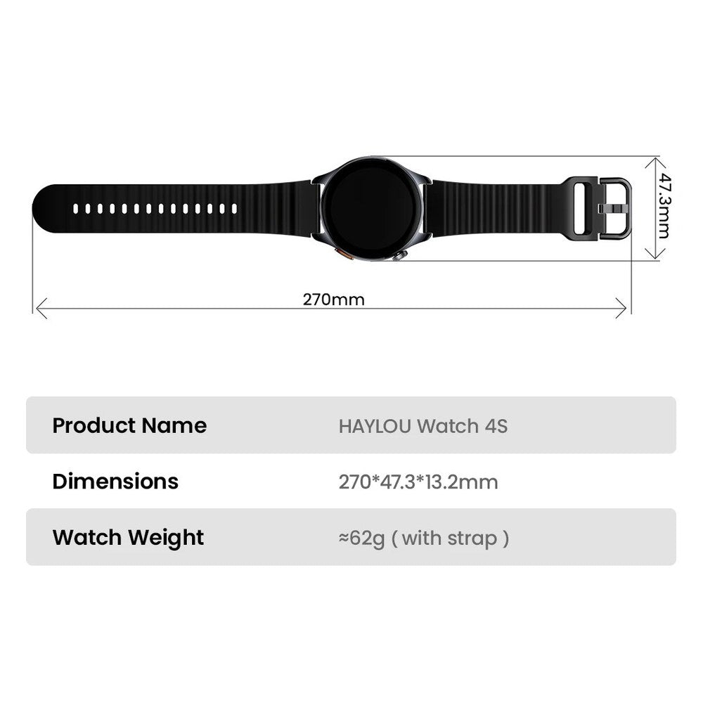 HAYLOU Watch 4S dimension drawing: 270 mm end to end, 47.3 mm case, 13.2 mm thick, about 62 g with strap