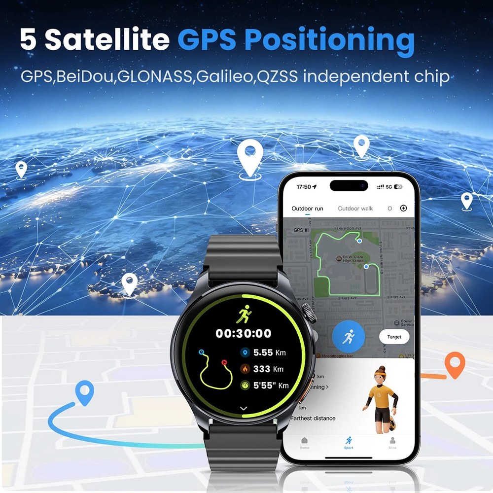 HAYLOU Watch 4S showing a run beside the phone app route map; five satellite systems listed