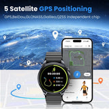 HAYLOU Watch 4S showing a run beside the phone app route map; five satellite systems listed