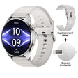 HAYLOU Watch 4S in silver on a light strap, with the spare strap and screen protector from the box