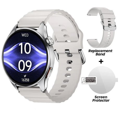 HAYLOU Watch 4S in silver on a light strap, with the spare strap and screen protector from the box