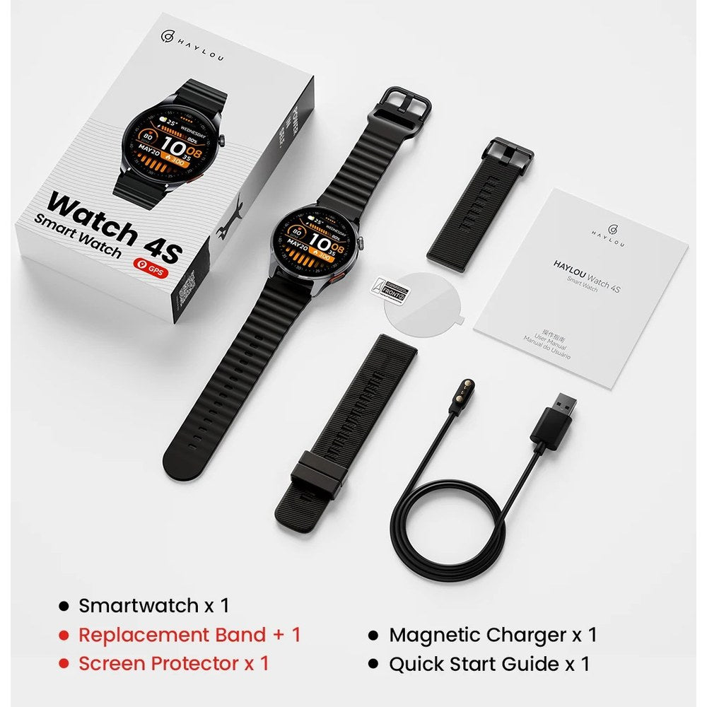 HAYLOU Watch 4S box contents: watch, spare strap, screen protector, magnetic charger, quick start guide