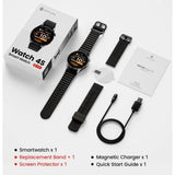 HAYLOU Watch 4S box contents: watch, spare strap, screen protector, magnetic charger, quick start guide