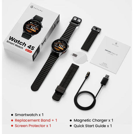 HAYLOU Watch 4S box contents: watch, spare strap, screen protector, magnetic charger, quick start guide
