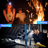 Campers round a fire wearing head torches, and a man working under a car bonnet with one