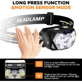 Hand waving in front of the head torch to switch it on and off in motion sensor mode, with the two buttons explained