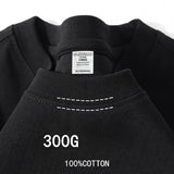 Black heavy cotton tee, collar close-up with twin stitching