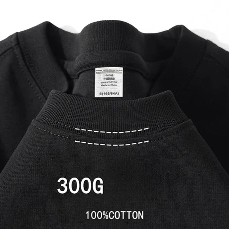Black heavy cotton tee, collar close-up with twin stitching