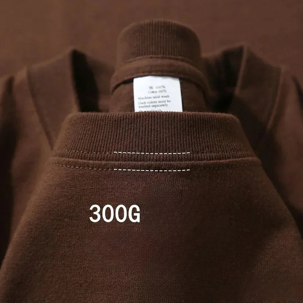 Brown heavy cotton tee, collar close-up with twin stitching