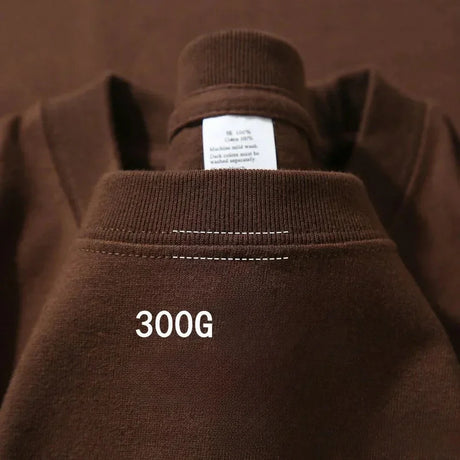 Brown heavy cotton tee, collar close-up with twin stitching