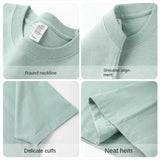 Four close-ups: round ribbed neckline, shoulder seam, sleeve hem and body hem