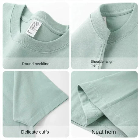 Four close-ups: round ribbed neckline, shoulder seam, sleeve hem and body hem