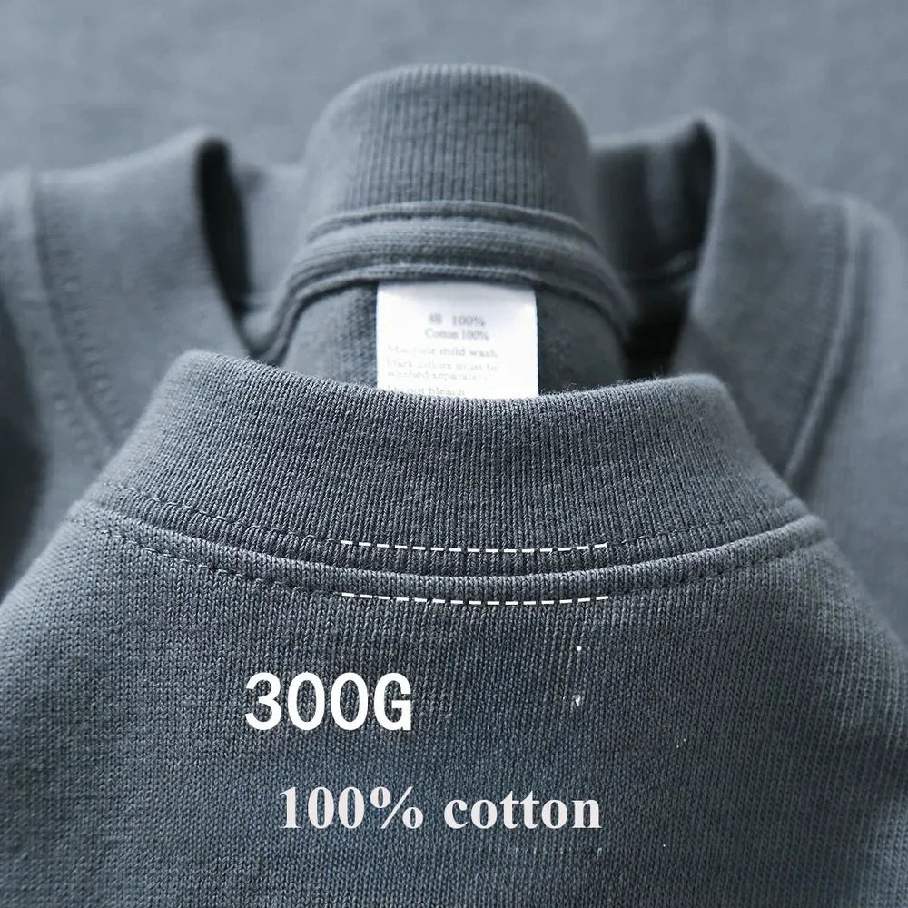 Slate grey heavy cotton tee, collar close-up with twin stitching