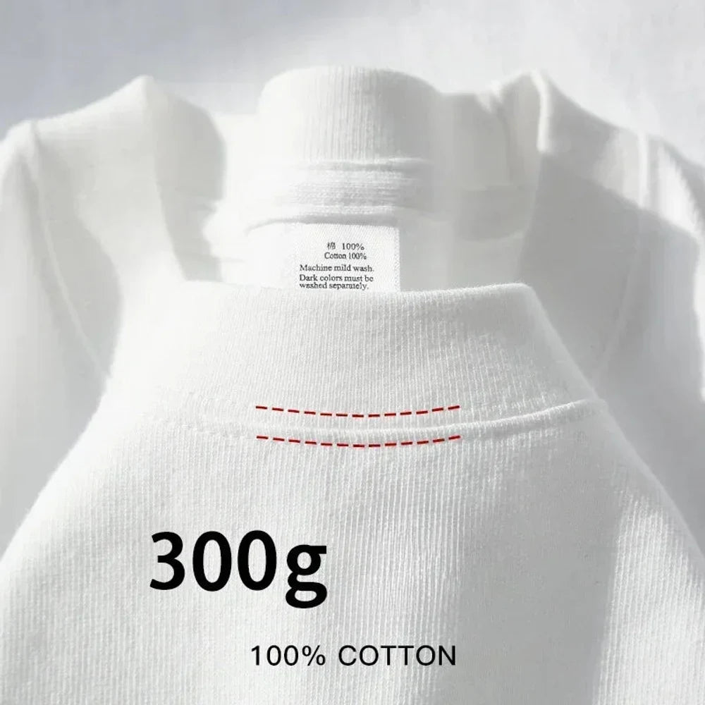 White heavy cotton tee, collar close-up with twin stitching