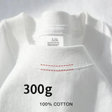White heavy cotton tee, collar close-up with twin stitching