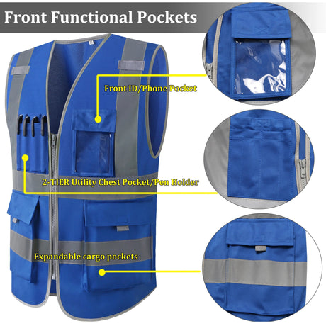 Labelled diagram of blue vest pockets: ID window, two-tier pen holder, expanding cargo pockets