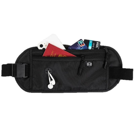 Black money belt with a passport, bank cards and a phone in the front pocket and earphones through the cable hole
