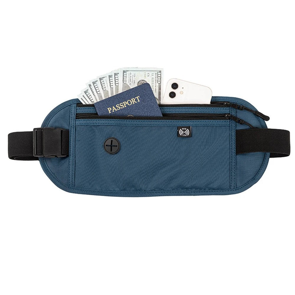Dark blue money belt with a passport, cash and a phone in the front pocket