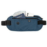Dark blue money belt with a passport, cash and a phone in the front pocket