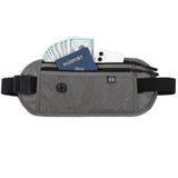 Dark grey money belt with a passport, cash and a phone in the front pocket