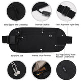 Close-ups of the money belt: zip with pull cord, key clip inside, elastic strap, earphone hole and inner divider