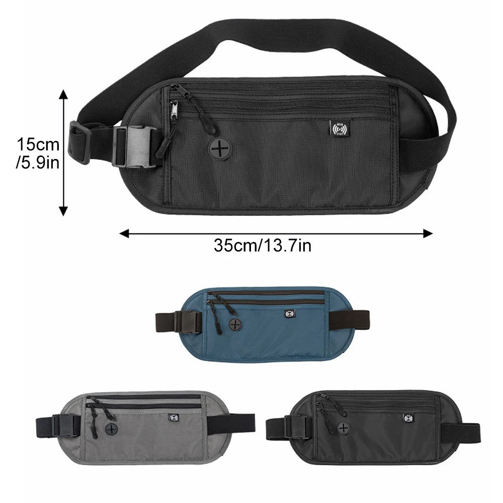 Maker drawing of the money belt: 35 cm long and 15 cm high, shown in dark blue, grey and black