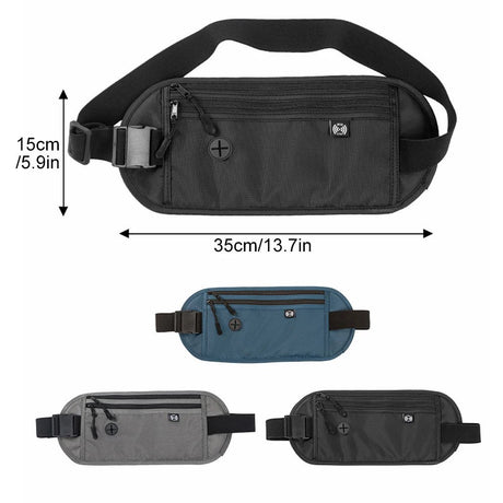 Maker drawing of the money belt: 35 cm long and 15 cm high, shown in dark blue, grey and black