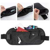 Hands opening each of the belt's zip pockets, and the belt packed with a passport, cards and a phone