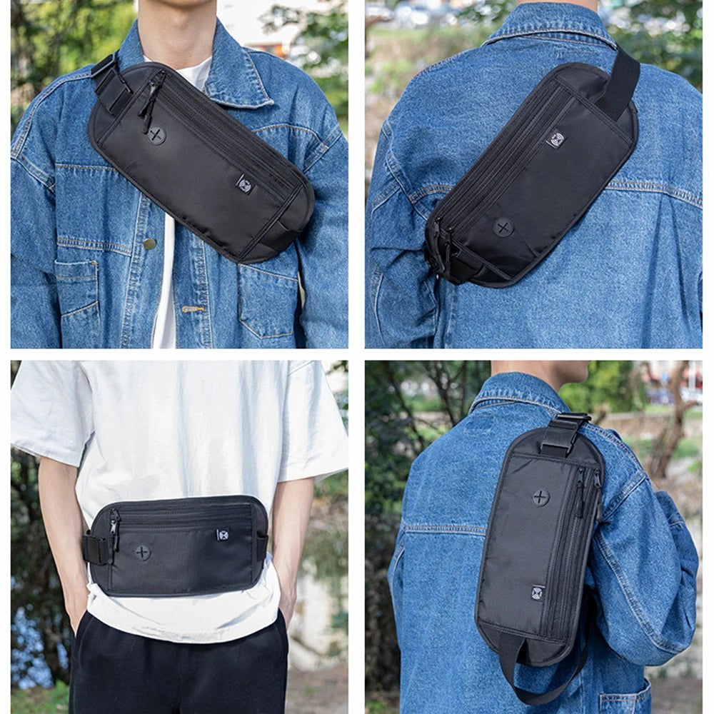 The black belt worn across the chest and on the hip over a denim jacket