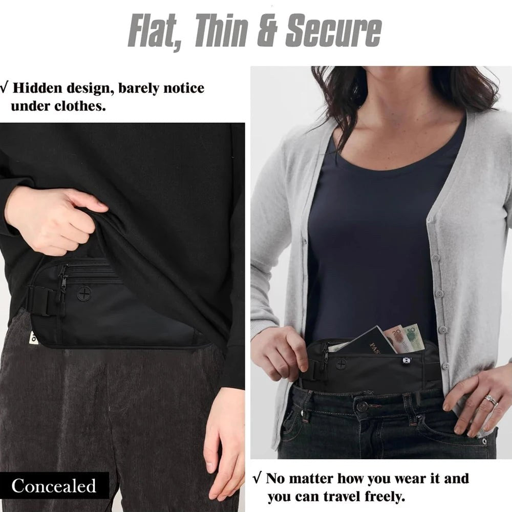 The money belt worn flat under a shirt at the waist, and pulled out from under a cardigan