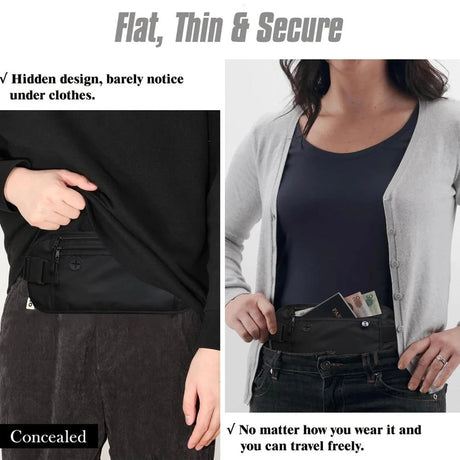 The money belt worn flat under a shirt at the waist, and pulled out from under a cardigan