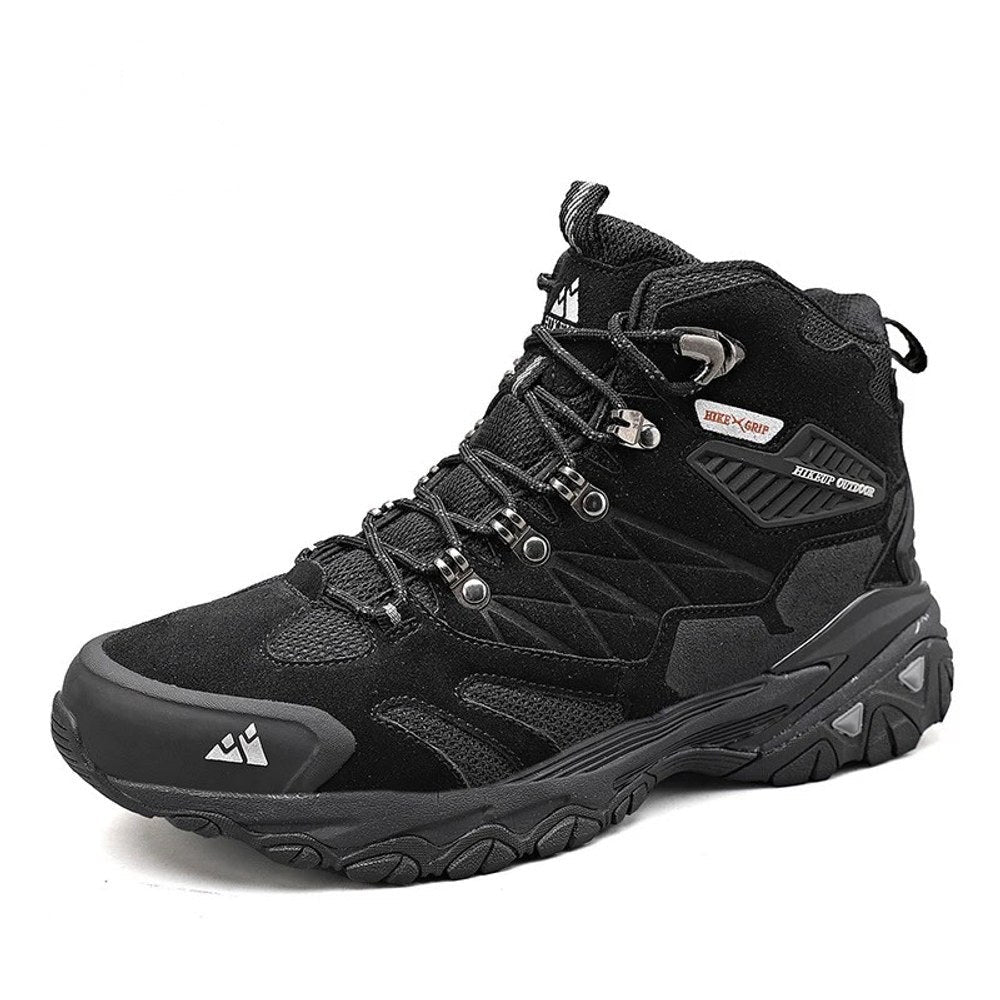 HIKEUP mid-height hiking boot in black: black suede and mesh with flecked black laces on an all-black lug sole