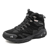 HIKEUP mid-height hiking boot in black: black suede and mesh with flecked black laces on an all-black lug sole