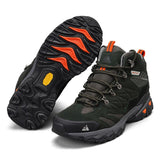 Green HIKEUP boot beside its upturned sole: deep rubber lugs, orange inserts and a yellow badge under the arch