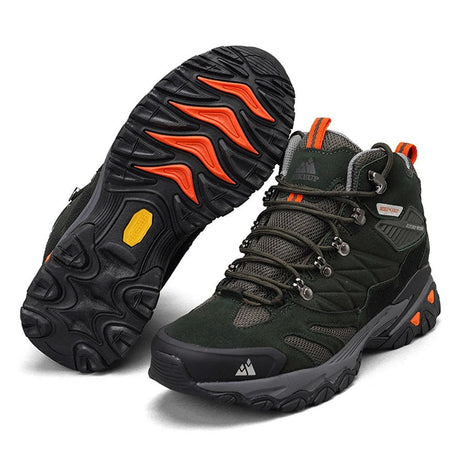 Green HIKEUP boot beside its upturned sole: deep rubber lugs, orange inserts and a yellow badge under the arch