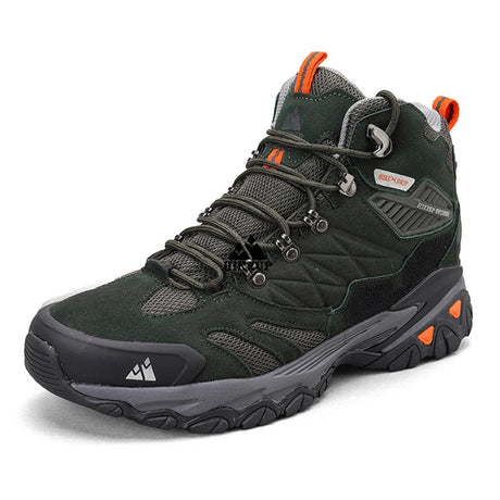 HIKEUP mid-height hiking boot in green: dark green suede and mesh with orange pull loops and sole accents