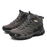 Two grey HIKEUP hiking boots side by side on a white background, laced up