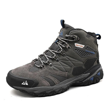 HIKEUP mid-height hiking boot in grey: grey suede and dark mesh with blue accents on a grey and black sole